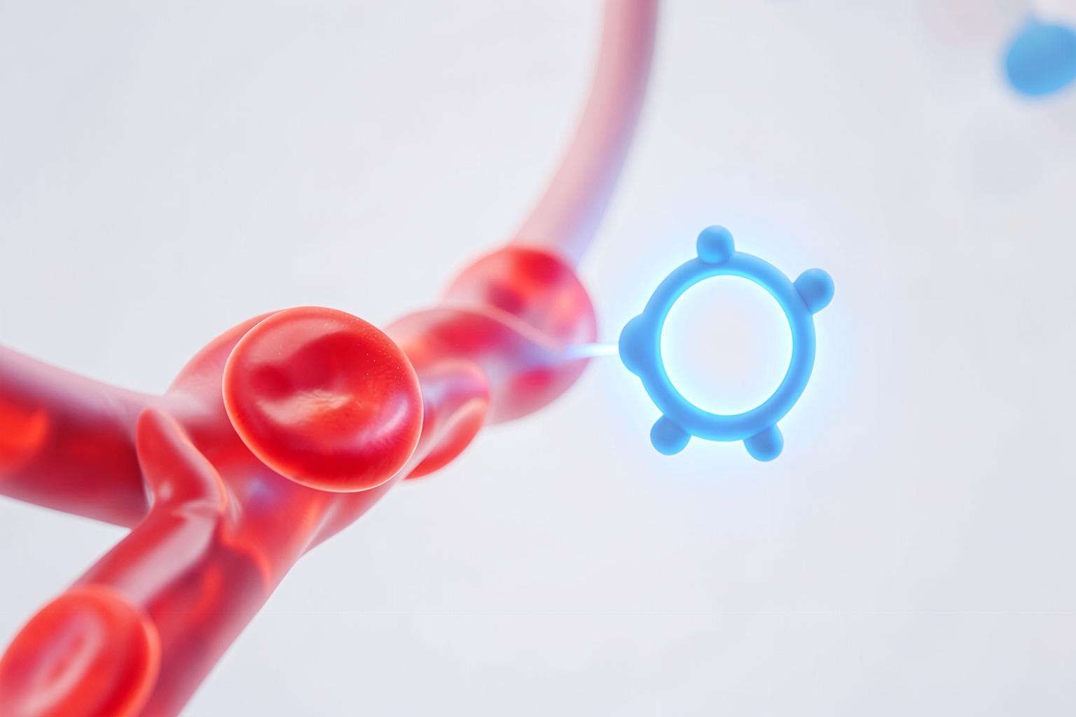 Editorial illustration of red blood cells and a blue molecular form