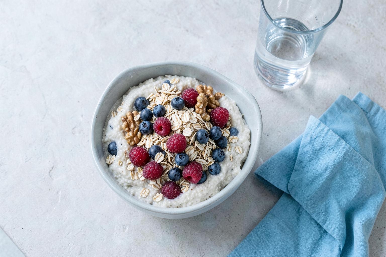 Nordic breakfast bowl with oats, berries and walnuts beside water